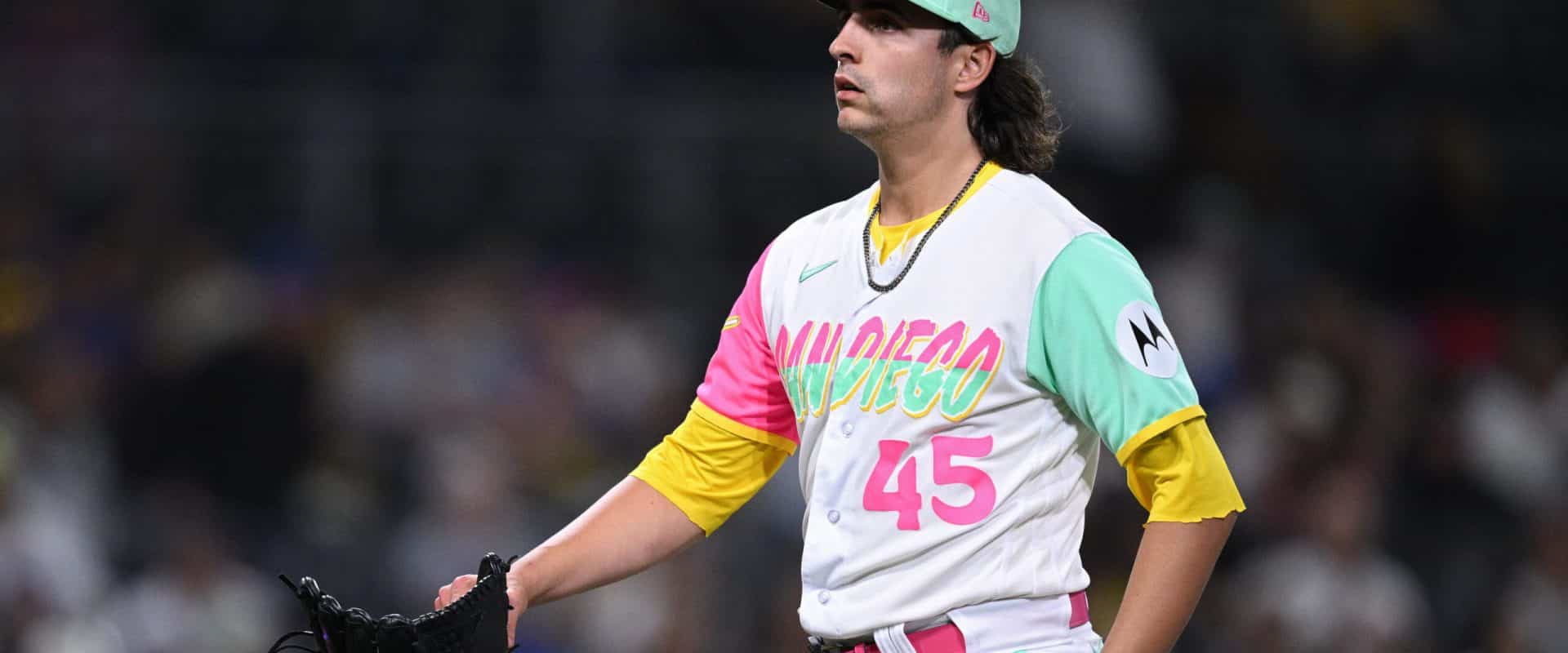 Jul 7, 2023; San Diego, California, USA; San Diego Padres starting pitcher Brent Honeywell (45) looks on during the 10th inning against the New York Mets at Petco Park. Mandatory Credit: Orlando Ramirez-USA TODAY Sports